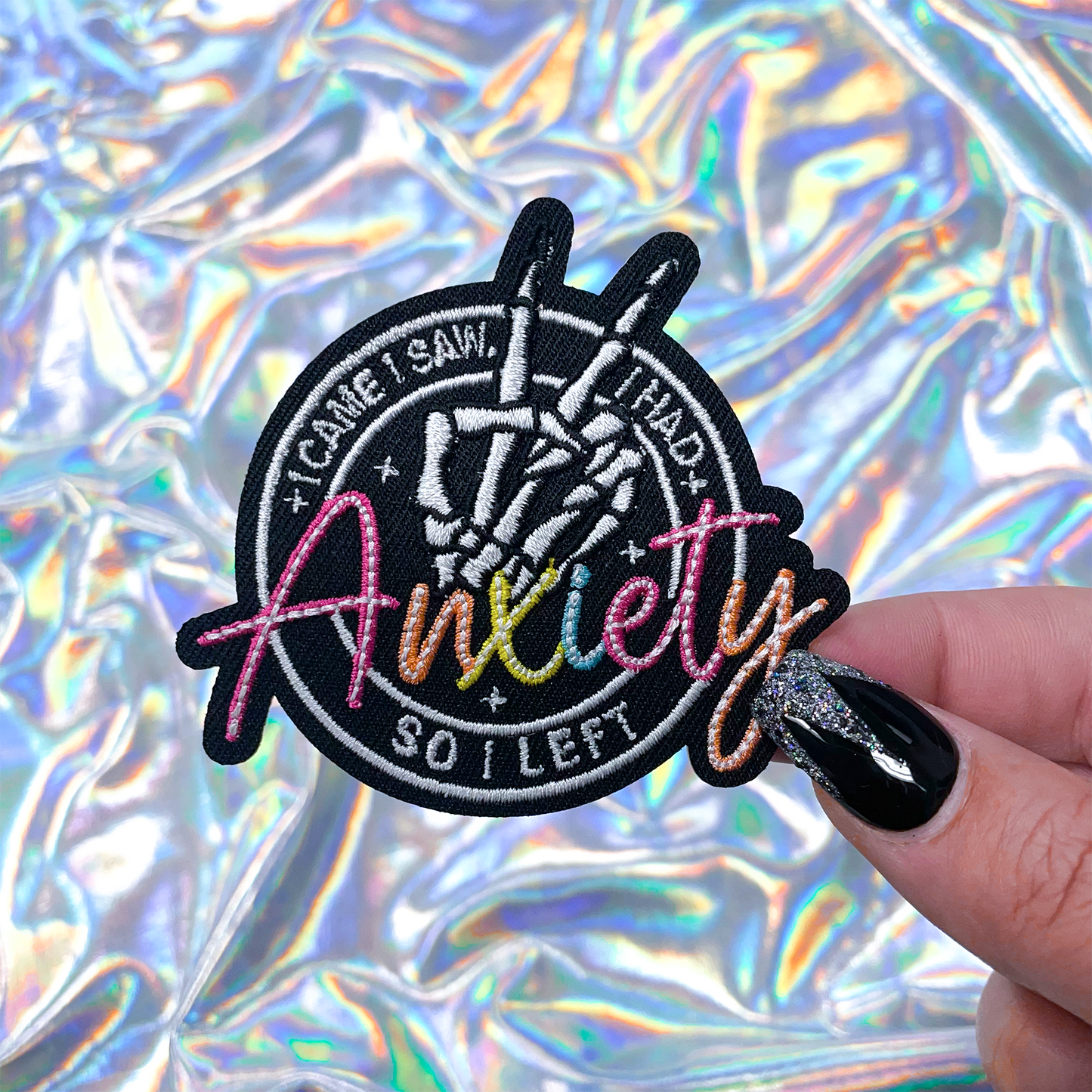 I Came, I Saw, I had Anxiety Skeleton Hand Patch Iron-On for Hats