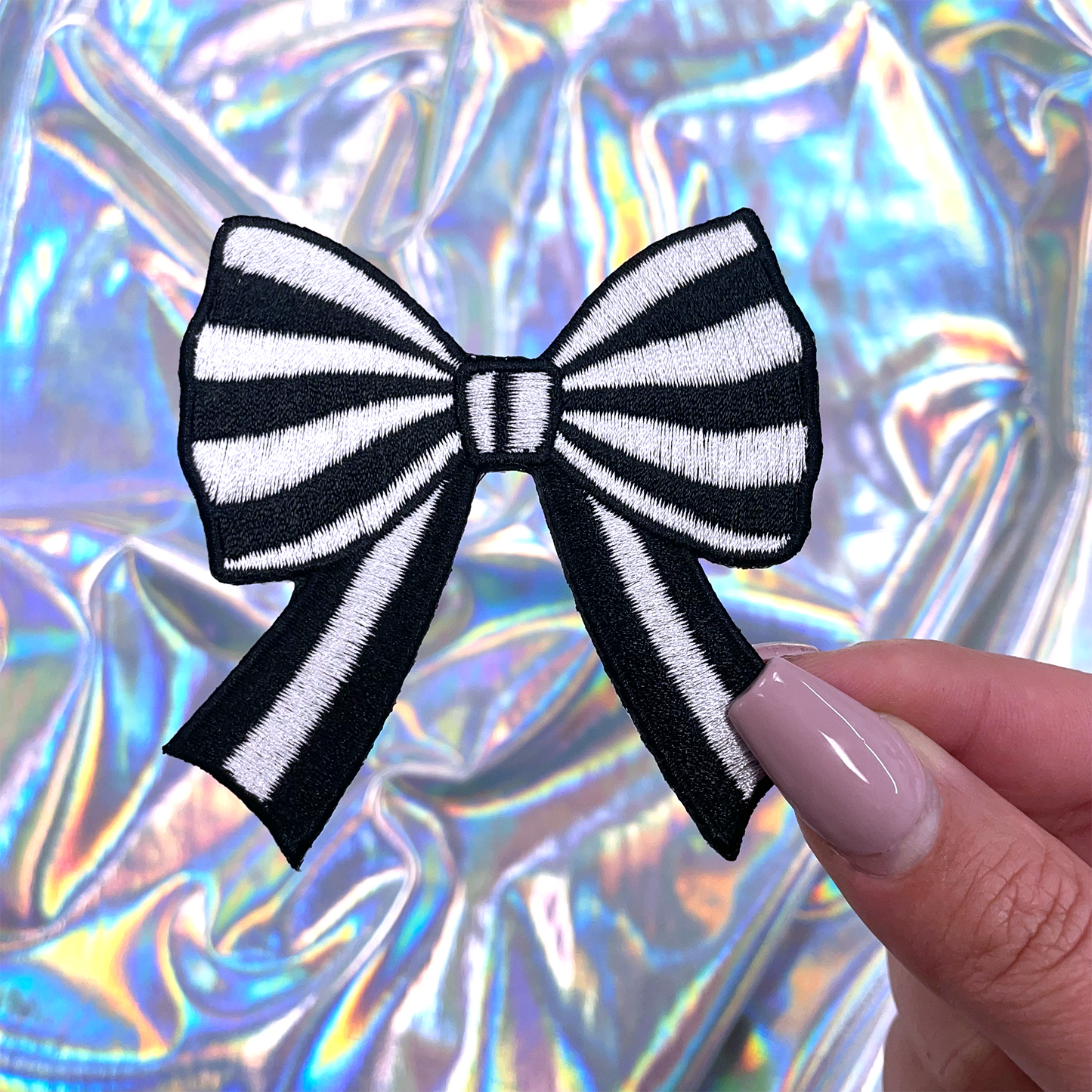 Black Striped Coquette Bow Patch Embroidered Iron-On
