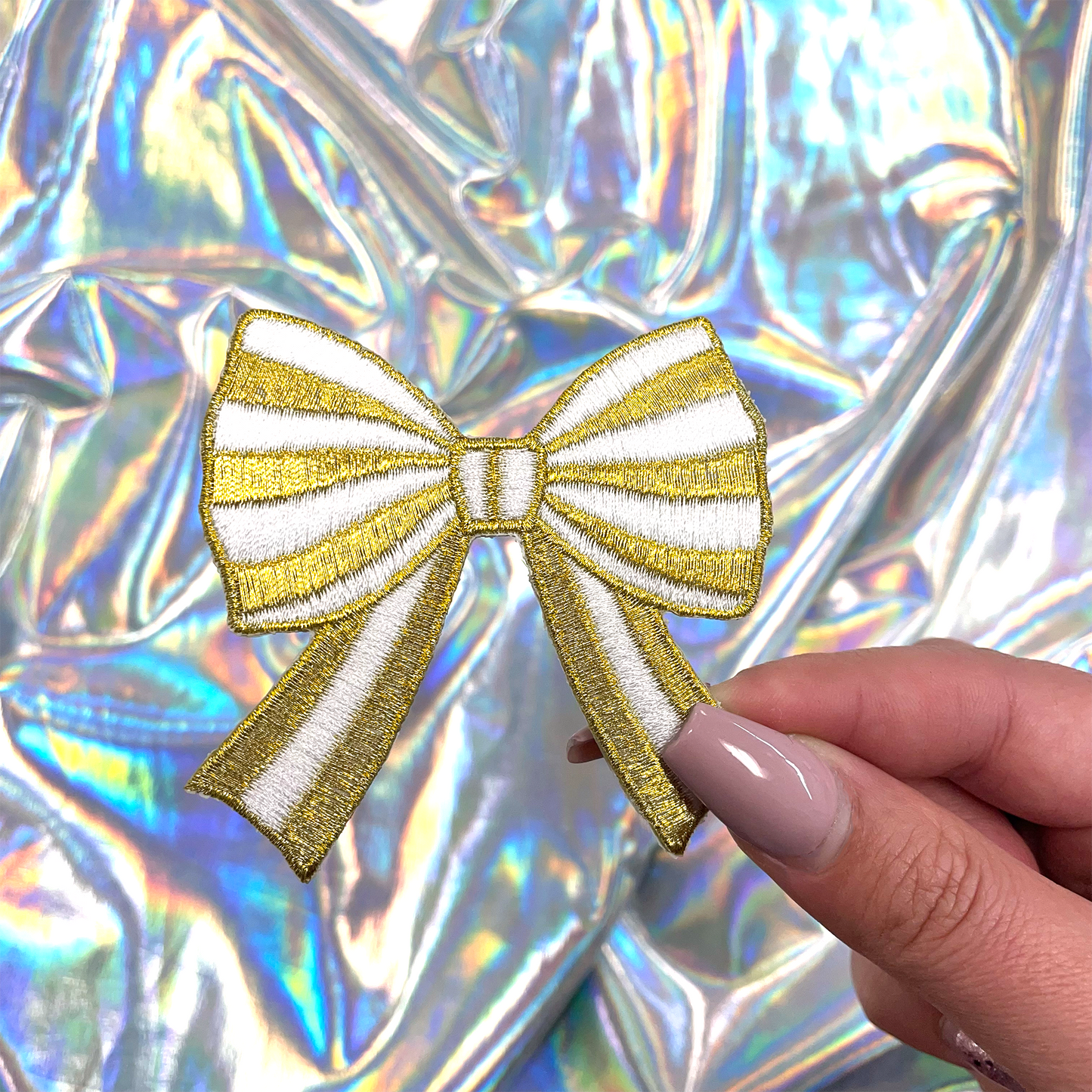 Gold Striped Coquette Bow Patch Embroidered Iron-On