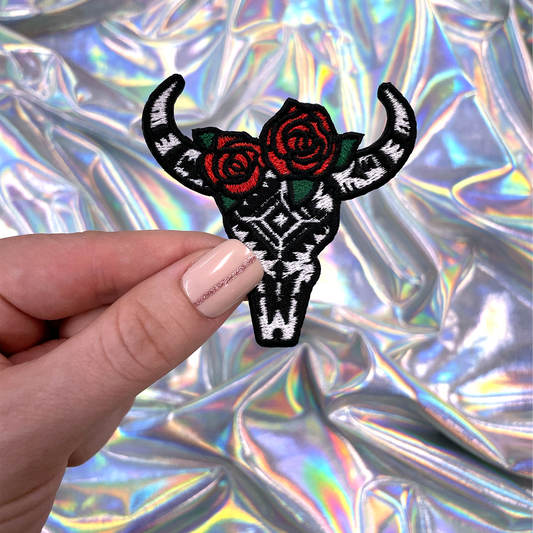 Floral Steer Head Embroidered Patch Iron-On for Hats