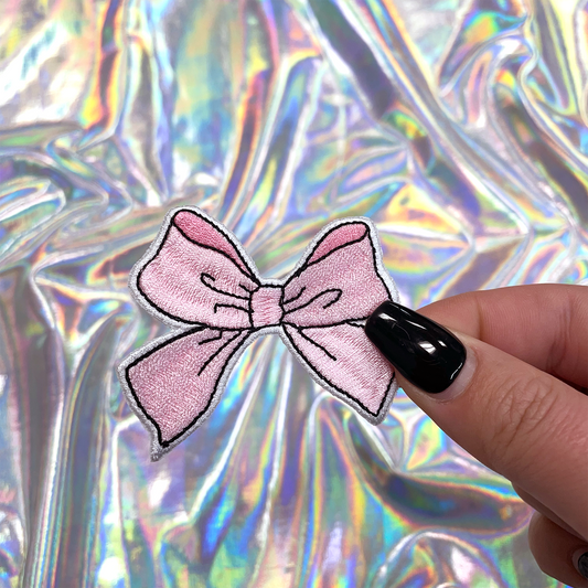 Pink Bow Embroidered Patch Iron-On for Hats