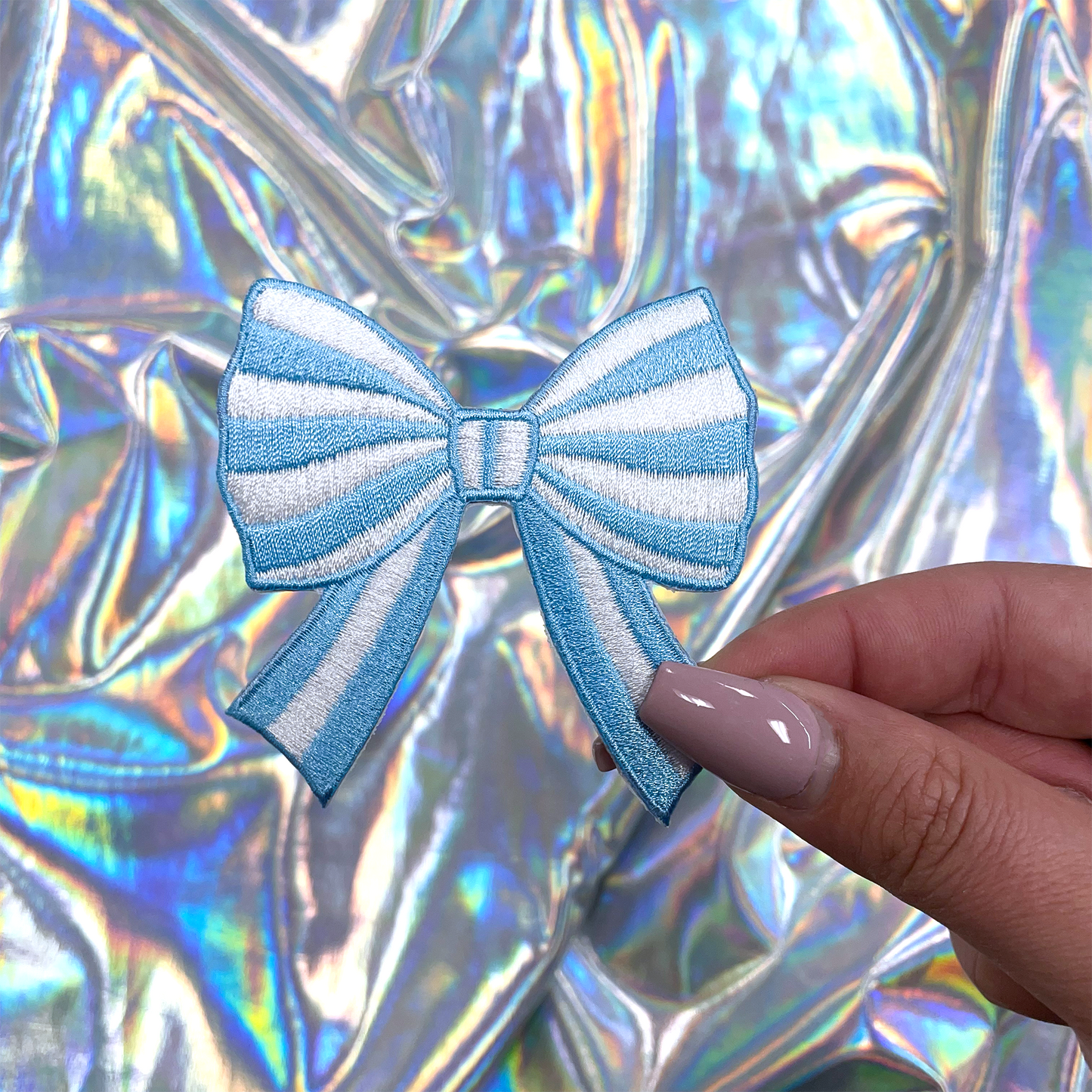 Light Blue Striped Coquette Bow Patch Embroidered Iron-On