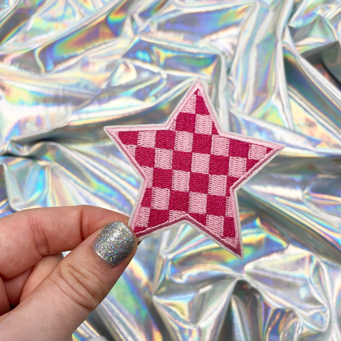Pink Checkered Star Patch Iron On