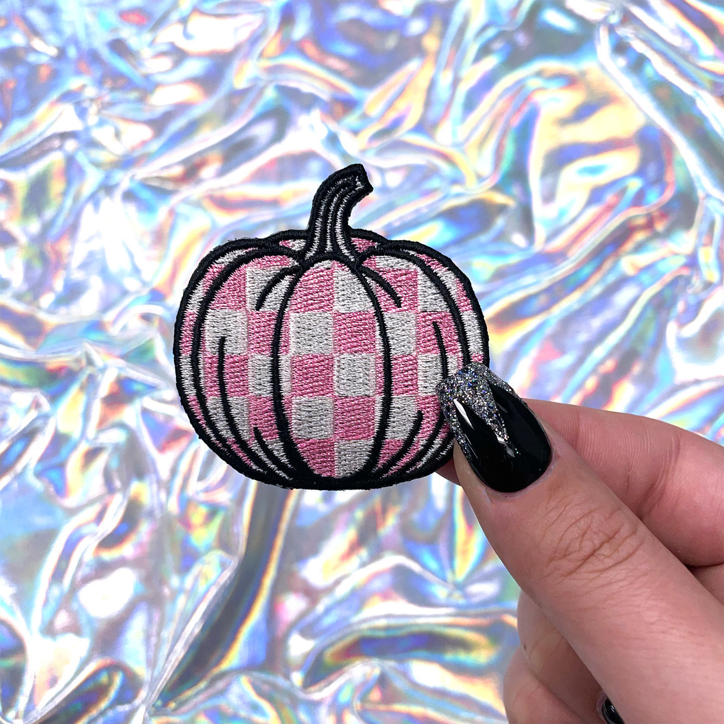 Pink Checkered Pumpkin Patch Iron-On for Hats