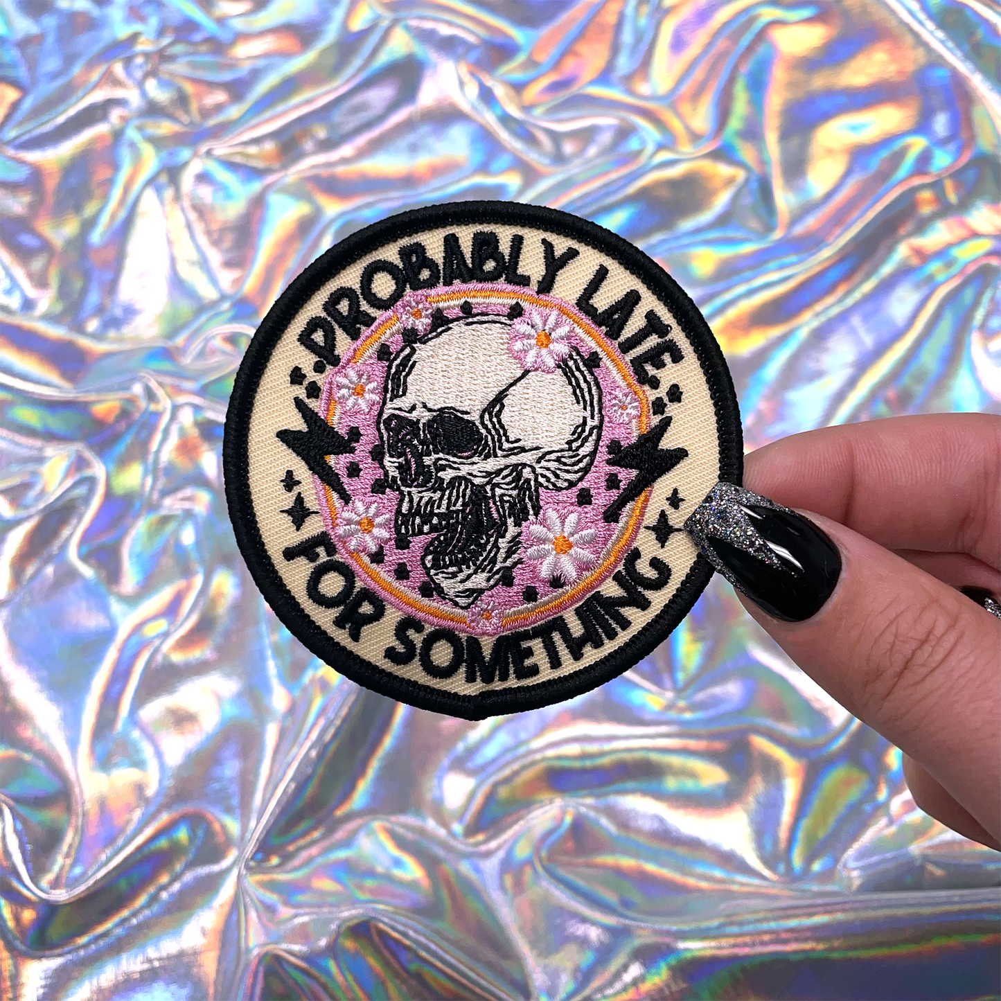 Probably Late for Something Skull Patch Iron-On for Hats