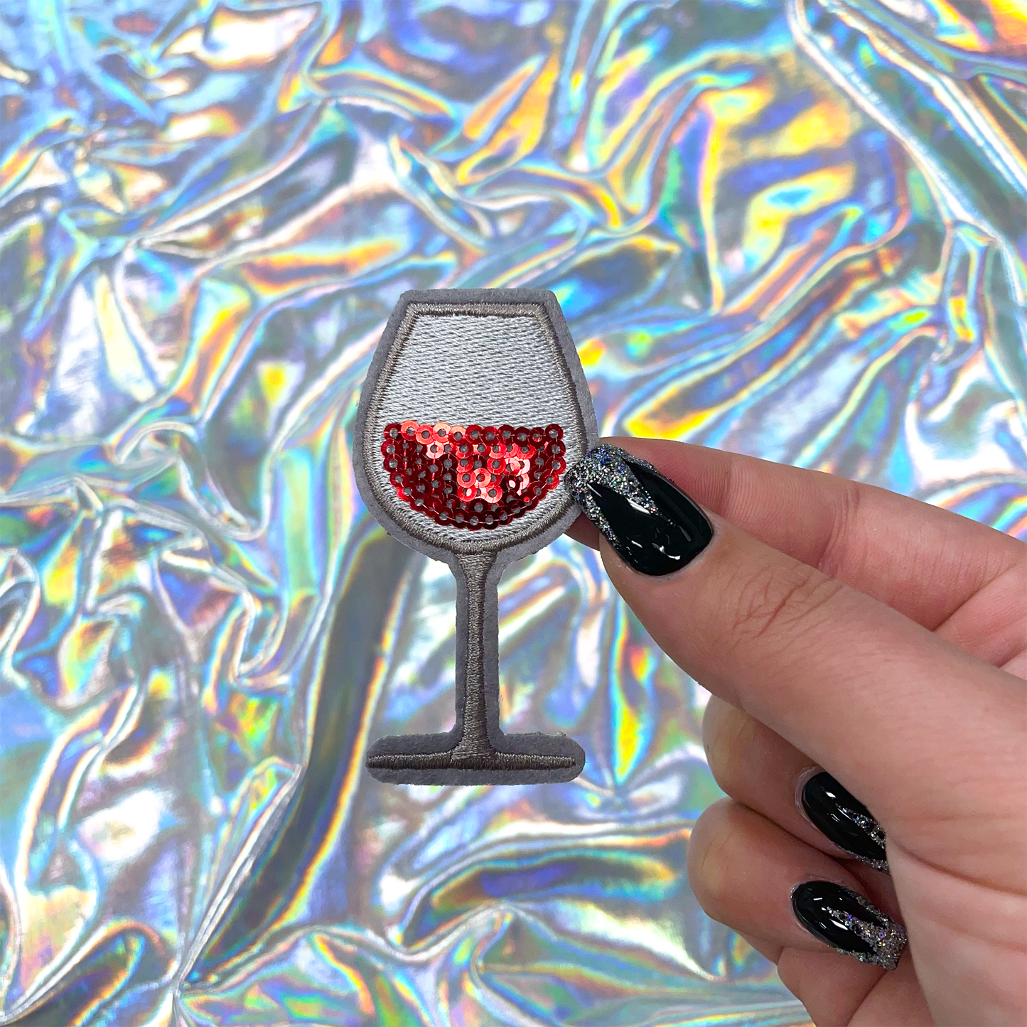 Glass of Wine with Sequin Patch Iron-On for Hats