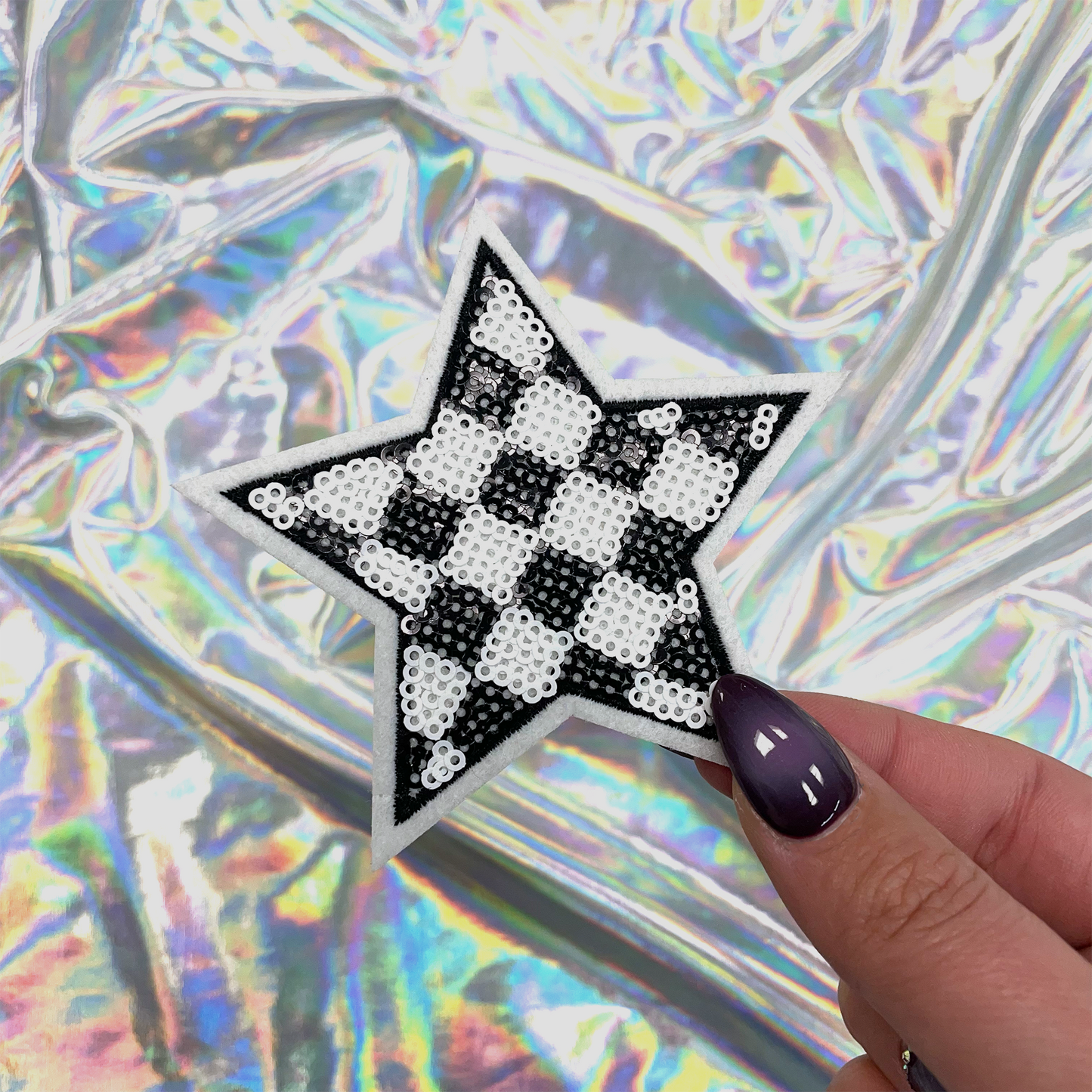 Black Checkered Sequin Star Patch Iron-On for Hats