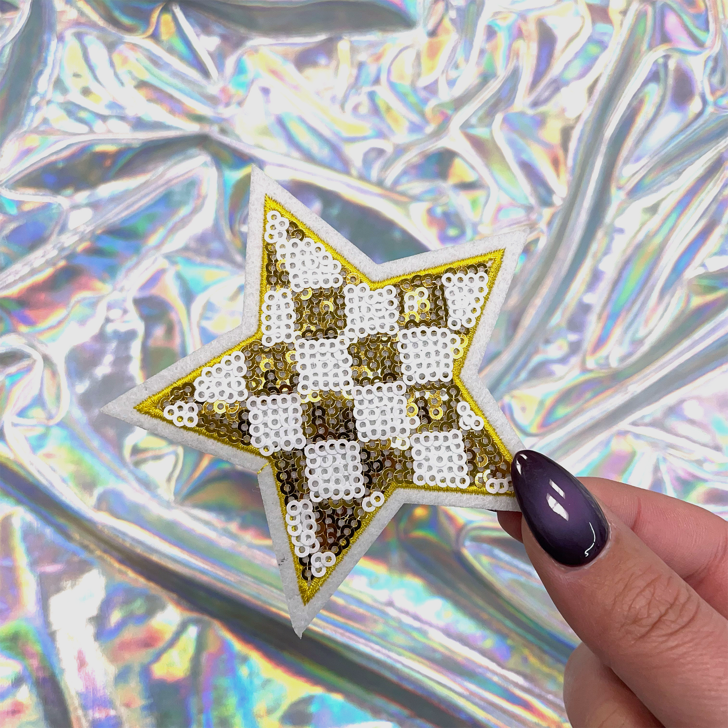 Gold Checkered Sequin Star Patch Iron-On for Hats