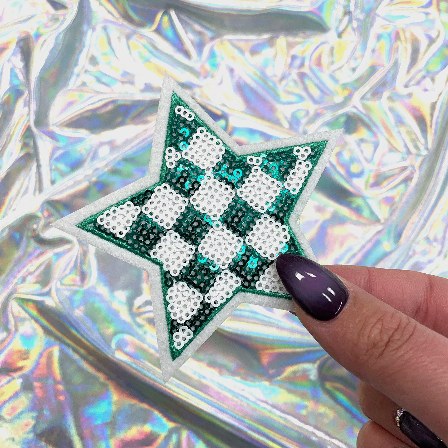 Green Checkered Sequin Star Patch Iron-On for Hats