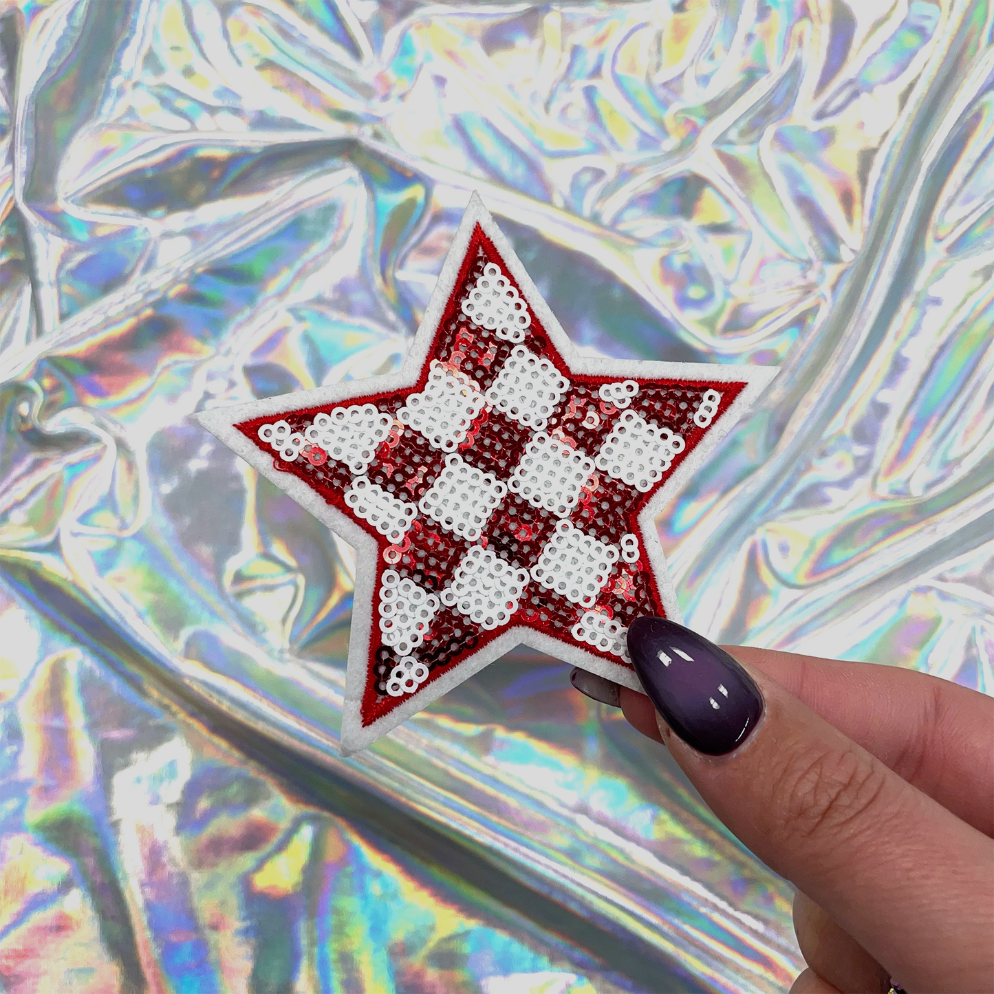 Red Checkered Sequin Star Patch Iron-On for Hats