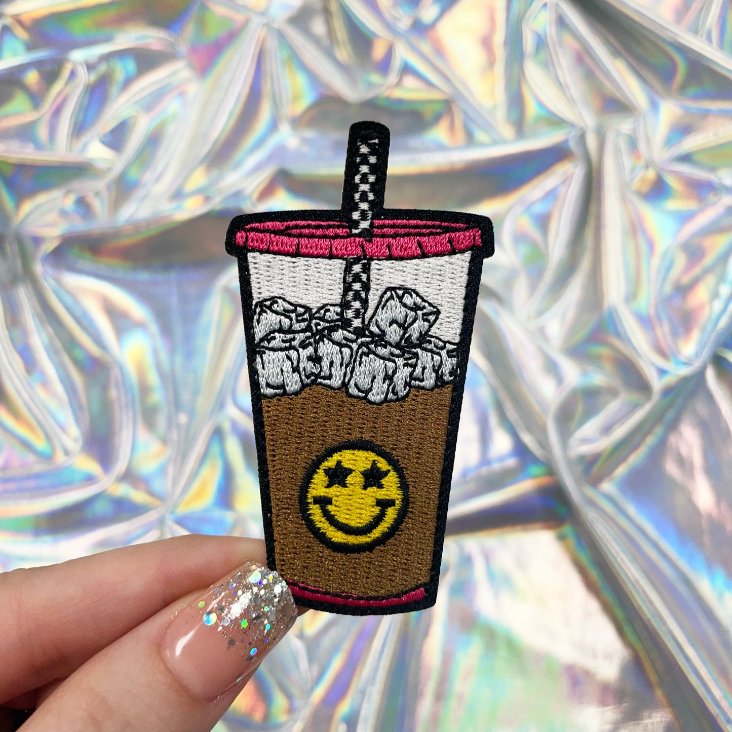 Iced Coffee with Checkered Straw Embroidered Patch Iron-On for Hats