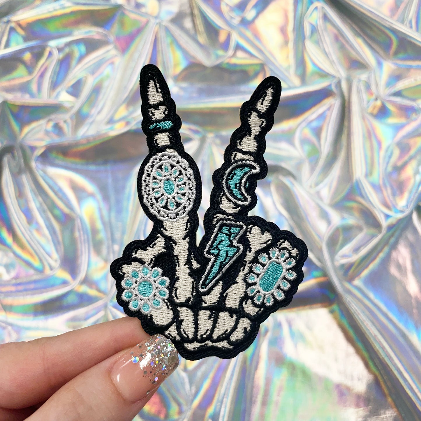Skeleton Hand with Turquoise Rings Embroidered Patch Iron-On for Hats