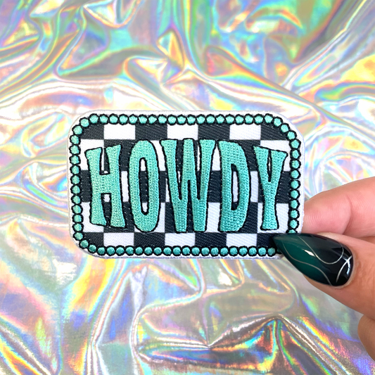 Turquoise Checkered Howdy Iron On Patch