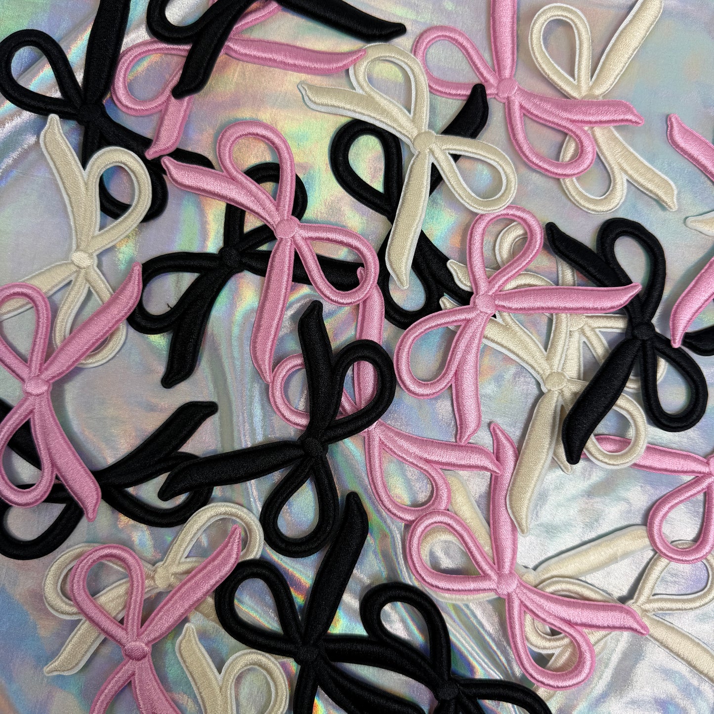 Set of 6 Coquette Bow Embroidered Patches. 2 of each (light pink, black, cream)
