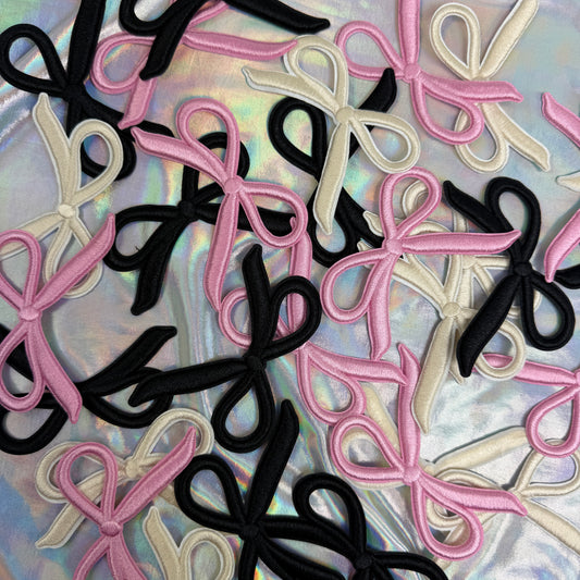 Set of 6 Coquette Bow Embroidered Patches. 2 of each (light pink, black, cream)