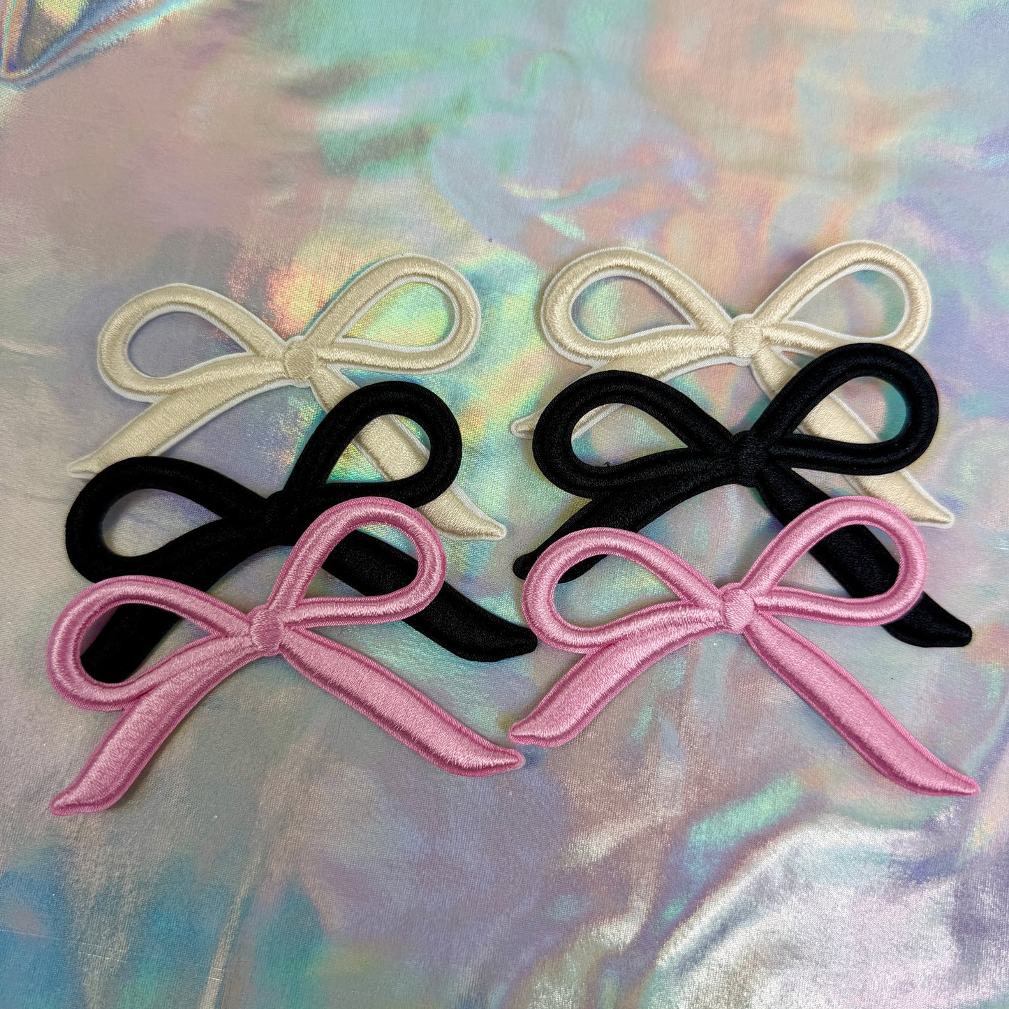 Set of 6 Coquette Bow Embroidered Patches. 2 of each (light pink, black, cream)