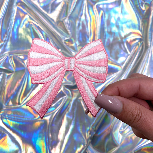 Light Pink Striped Coquette Bow Patch Embroidered Iron-On