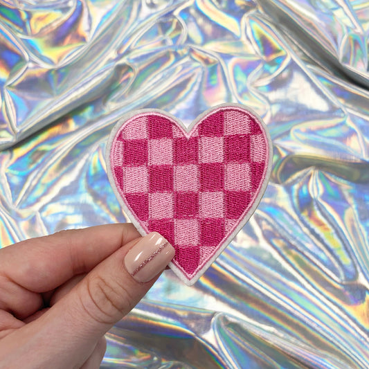 Pink Checkered Heart Iron On Patch