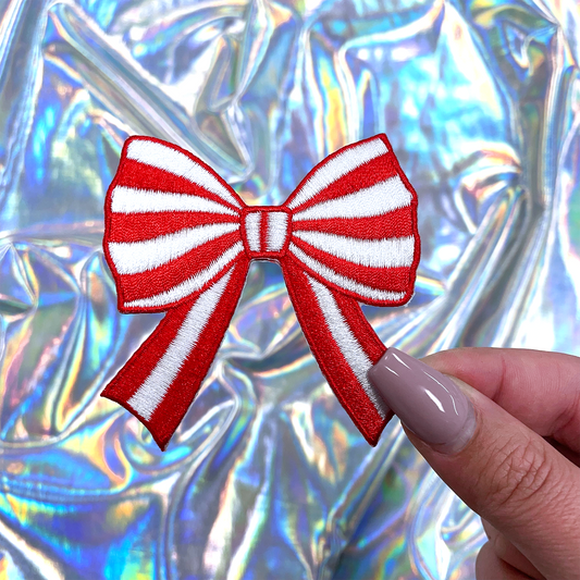 Red Striped Coquette Bow Patch Embroidered Iron-On