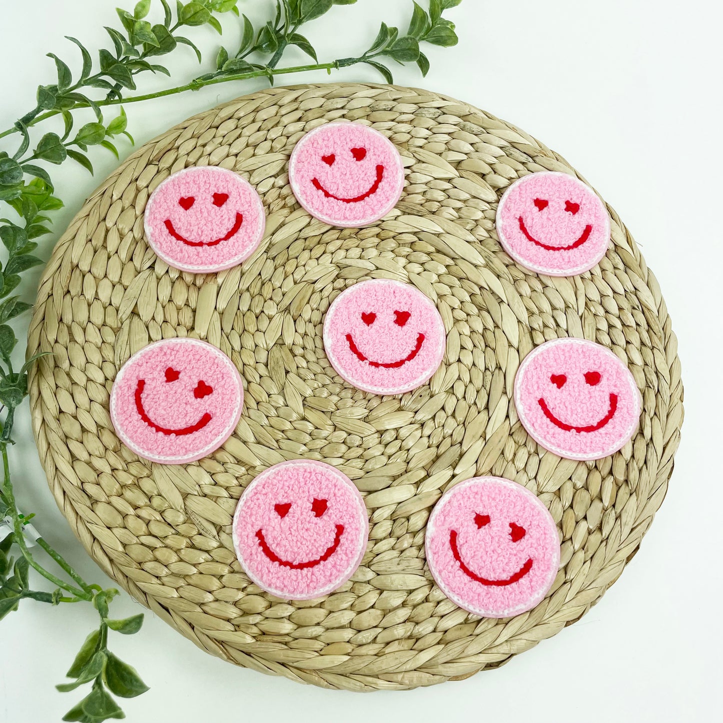 Pink Heart Eyes Smile Chenille Embroidered Patches, Iron-On for Hats