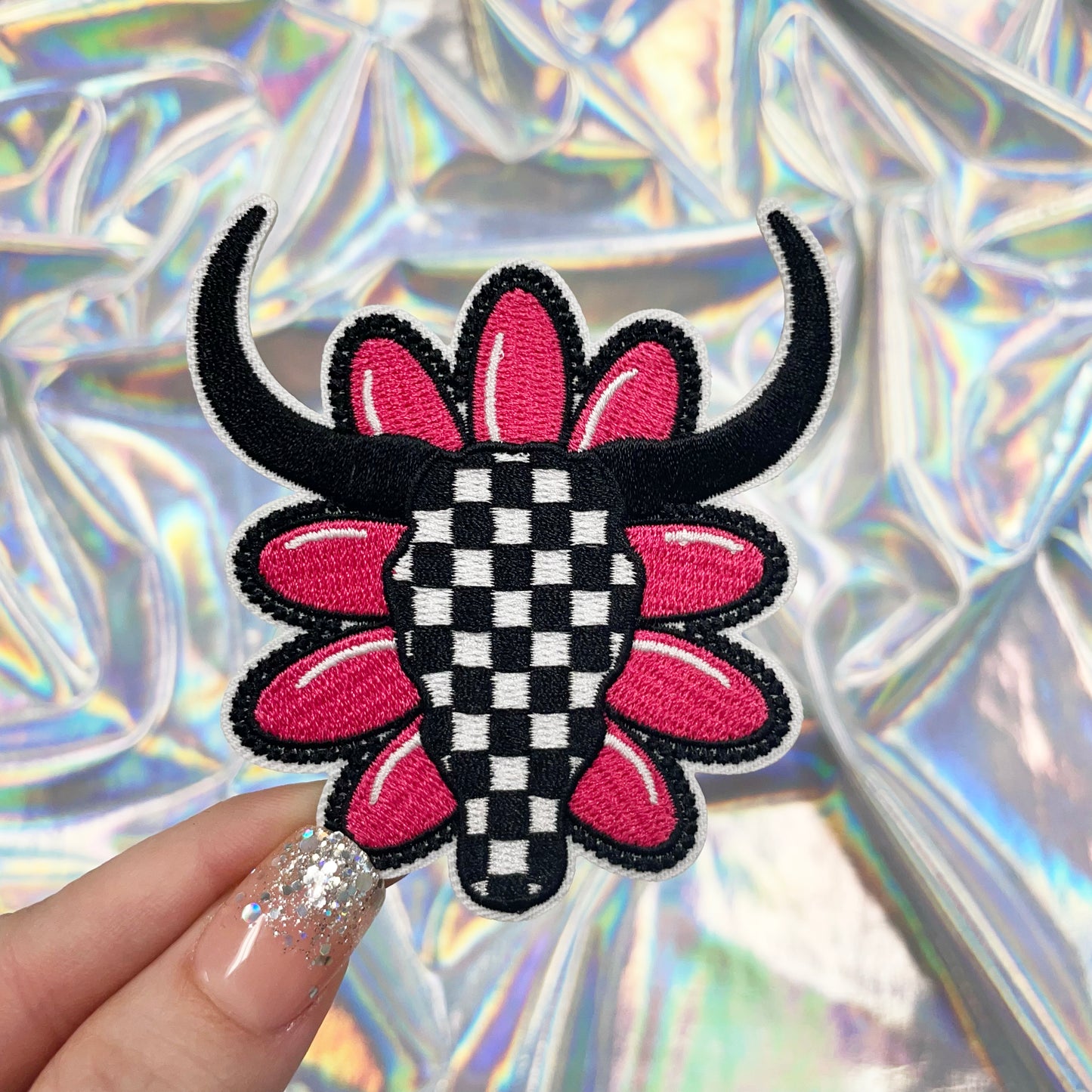 Pink and Black Steer Skull Embroidered Patch Iron-On for Hats
