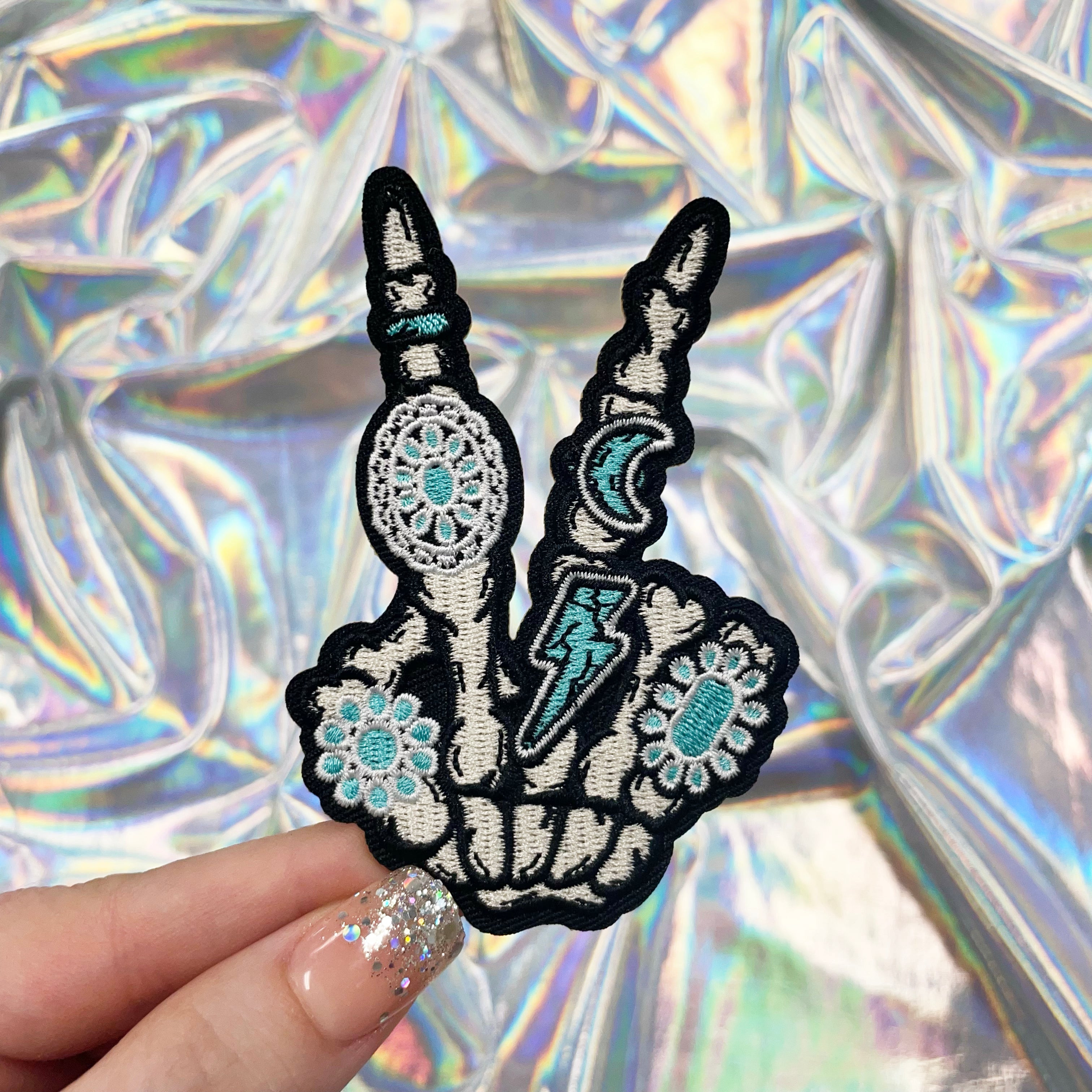 Skeleton Turqoise Skeleton Hand with Turquoise Rings Embroidered Patch Iron-On for Hats ...